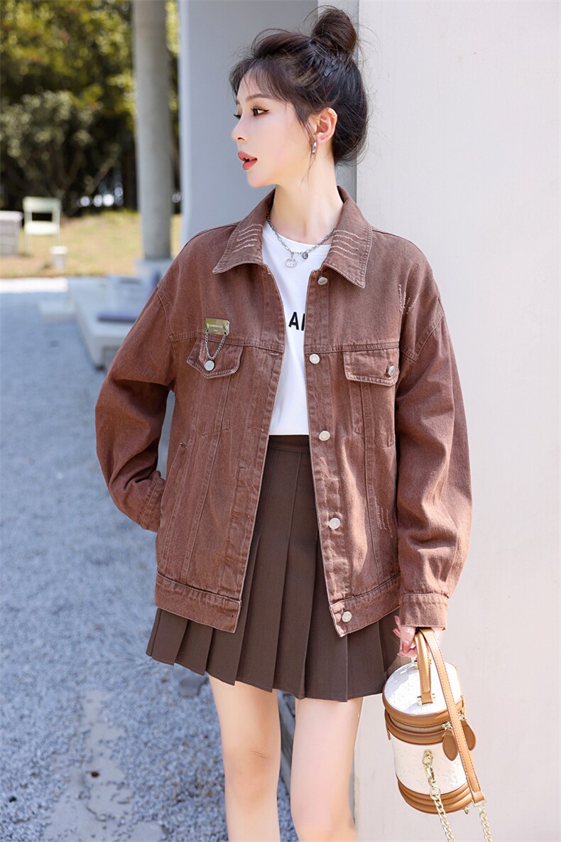粉色牛仔春秋女2025新款青春减龄甜美学院风宽松半身裙,女装牛仔外套,意芙