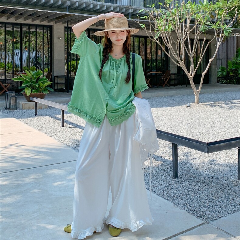 温柔风不规则蕾丝罩衫木耳边衬衣套装女夏季2025新款阔腿裤三件套,女装套装/套裙,含赞