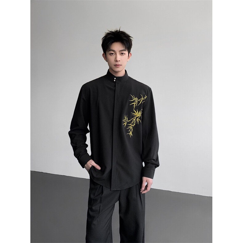 现货25秋冬新中式男士竹叶刺绣重工立领盘扣长袖衬衫cs186-p78,男装衬衫,电商B288