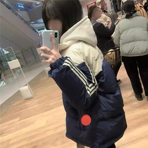 学院风ins撞色拼接棉服外套女冬季新款潮字母印花条纹保暖棉衣图片