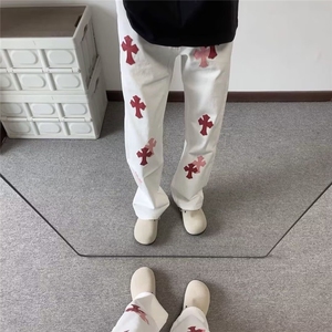 【有货】DK53-批58新款彩色拼皮十字架长裤直筒宽松阔腿牛仔裤男图片