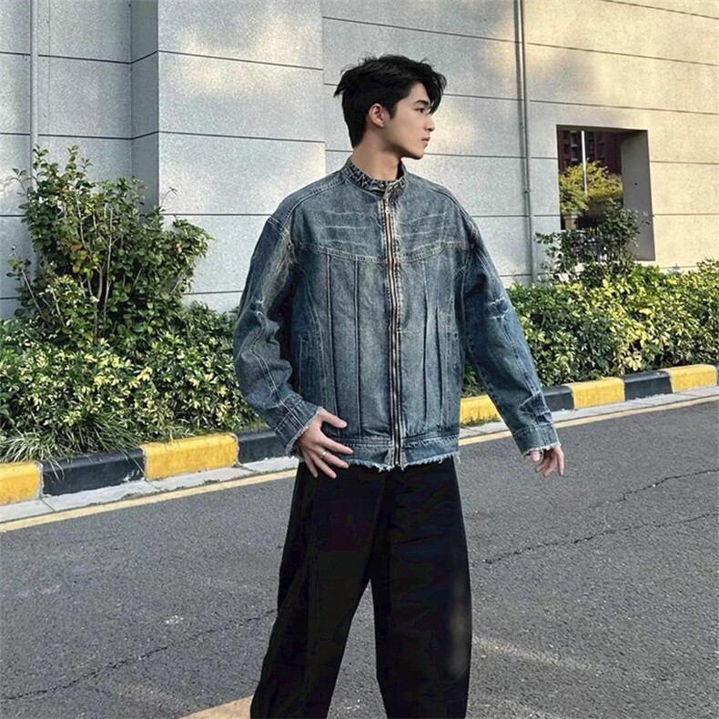 JK16-P72美式复古机甲水洗做旧毛边牛仔外套男女高街宽松,男装工装外套,电商B323A