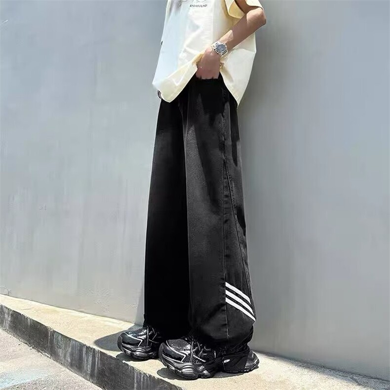 三条杠裤子男款秋季美式高街潮牌条纹运动卫裤宽松阔腿拖地裤,男装休闲裤,四季星座505