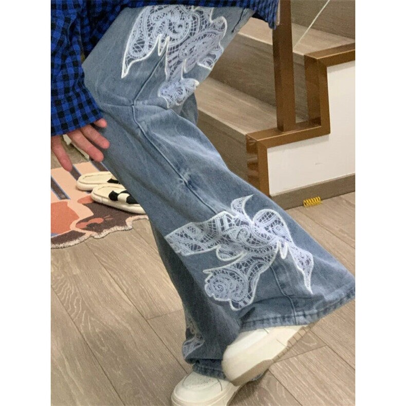 【有货】N6014LL-特P65蕾丝和平鸽贴布刺绣牛仔裤男女款裤子,男装牛仔裤,星座1007（原301D）