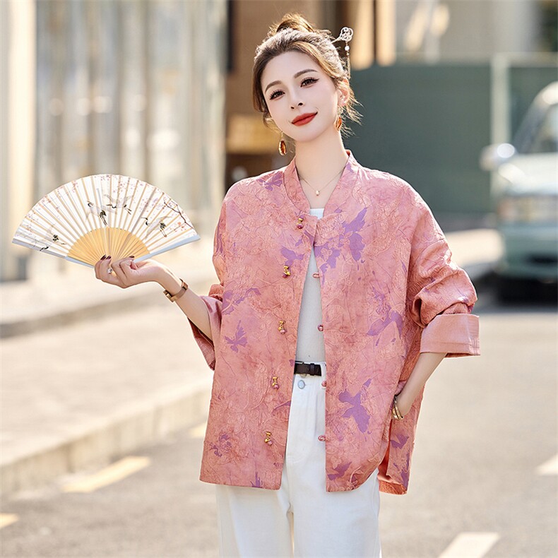新中式印花国风短外套女2025春秋新款宽松气质百搭年轻款唐装上衣,女装短外套,美沁