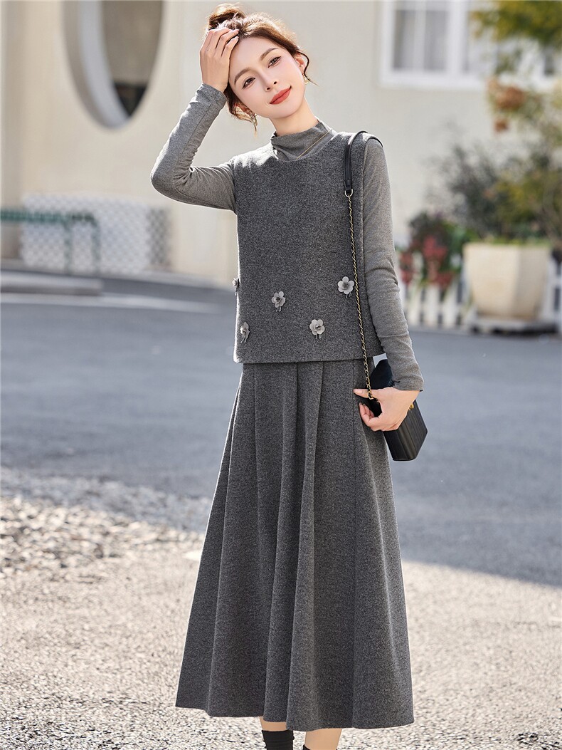 DLM2026春装新款毛呢马甲A版立体定花朵半身裙三件套装洋气套裙,女装套装/套裙,朵莱米