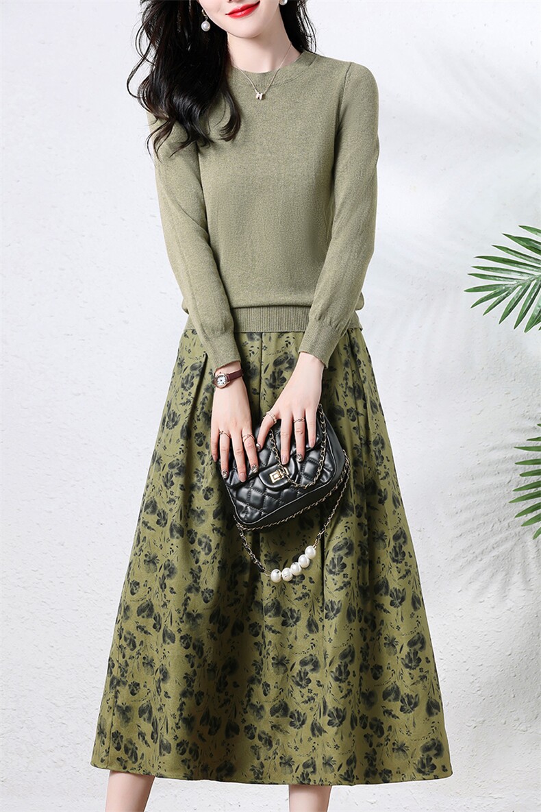 针织两件套连衣裙女2023春季新款高级感显瘦毛衣印花半身裙子套装,女装套装/套裙,欣贝拉