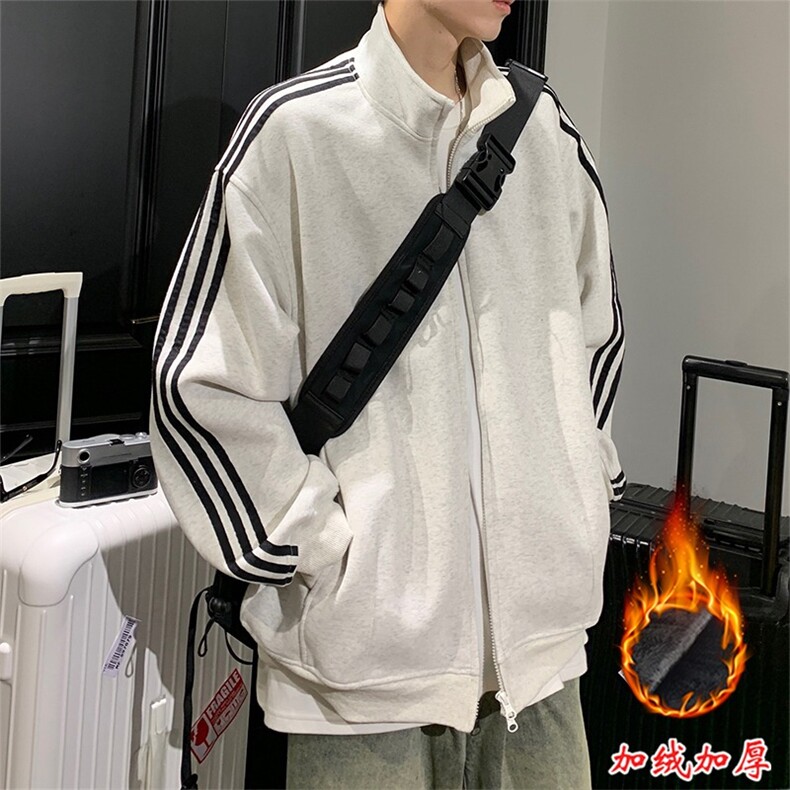 立领藏青色条纹卫衣外套男女加绒oversize美式双拉链开衫长袖上衣图片