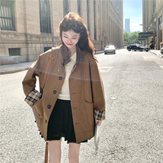美拉德格纹拼接咖色外套女春秋2025新款甜美减龄穿搭大衣流行爆款，女装短外套，2B237