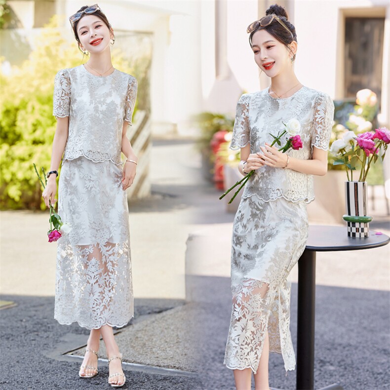 欧货高端缕空蕾丝上衣套装夏新款女减龄优雅气质显瘦开叉长裙，女装套装/套裙，微微衣阁