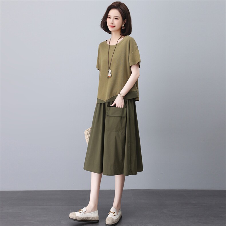 休闲妈妈减龄套装裙夏中年宽松微胖显瘦气质干练御姐连衣裙两件套,女装套装/套裙,忆绮罗