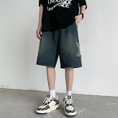 美式高街牛仔短裤男士夏季星星水洗做旧潮牌中裤宽松休闲五分裤子，男装牛仔裤，星座601-2