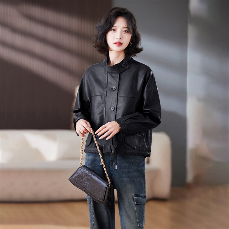 海宁皮衣女真皮2025年春季新款爆款时尚洋气立领绵羊皮皮夹克外套,女装皮衣,潮流依族