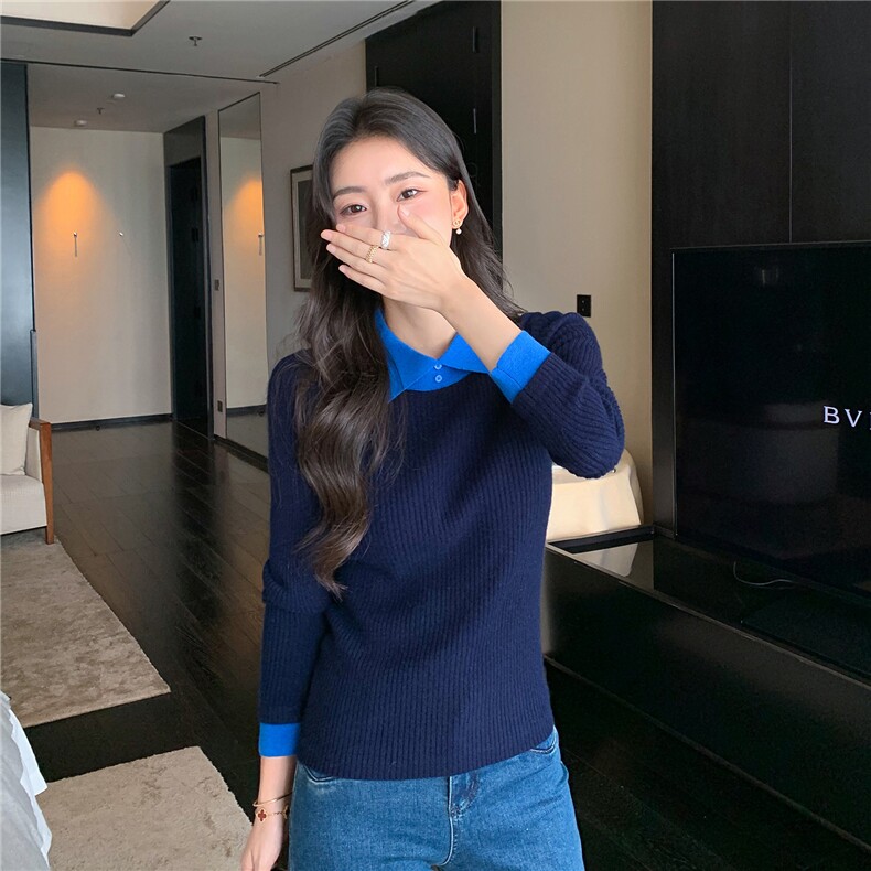 2025秋冬百搭时尚简约拼色翻领羊绒衫,女装羊绒衫,玛卡隆羊绒