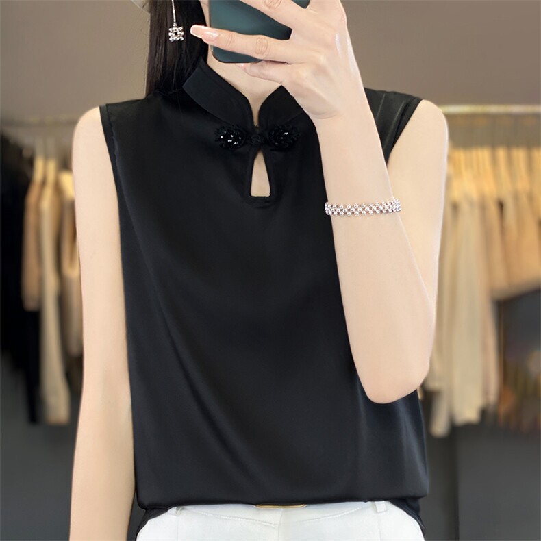 女装新款2024年立领背心真丝小衫复古气质上衣内搭打底衫无袖,女装背心吊带,朝贺羊绒