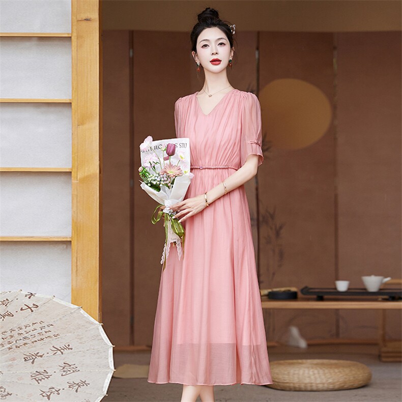 高级感天丝棉连衣裙女2024夏季新款收腰显瘦温柔淑女气质通勤长裙,女装连衣裙,韩然一族