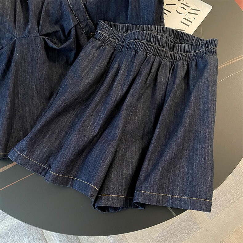 时尚休闲减龄套装女夏季新款洋气显瘦蓝色衬衫上衣宽松短裤两件套,女装套装/套裙,江南