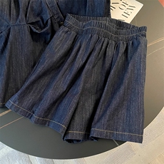 时尚休闲减龄套装女夏季新款洋气显瘦蓝色衬衫上衣宽松短裤两件套，女装套装/套裙，江南