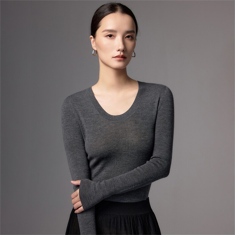 极简风精纺羊毛衫女2025新款法式高端修身显瘦针织打底衫通勤毛衣,女装羊毛衫,蚂蚁派对工厂直营店