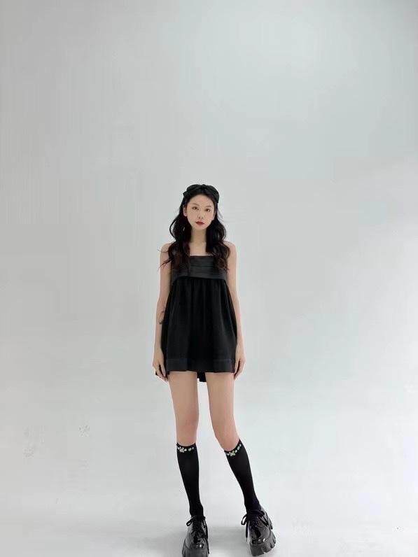 拼接雪纺吊带裙，女装背心吊带，HE