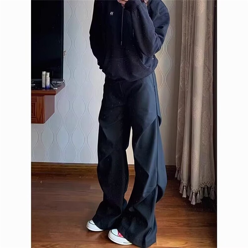 美式小众褶皱微喇休闲裤男复古宽松直筒垂感百搭黑色西裤,女装休闲裤,星座1210-1