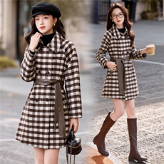 现货主推新款简约时尚休闲气质加厚保暖拼接双面顺毛呢大衣送腰带，女装双面呢大衣，韩美纤衣