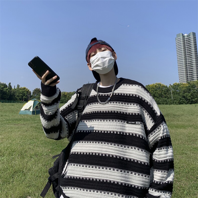 vintage毛衣男秋冬季日系复古慵懒风圆领条纹针织衫MY0712-P45,男装针织衫/毛衣,星座308B-1