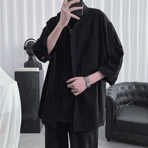 C1020/P28现货夏季立领五分中袖潮男士短袖衬衫七分袖大码男控38图片
