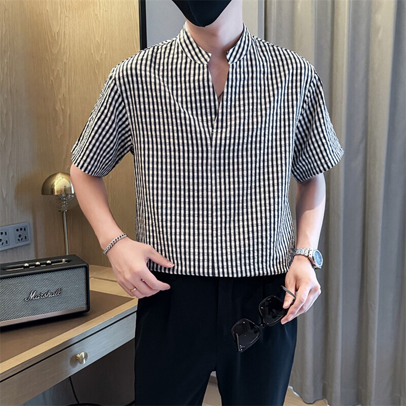 夏男立领格子衬衫男休闲宽松休闲衬衣小伙A236-82560-P60,男装衬衫,电商A236
