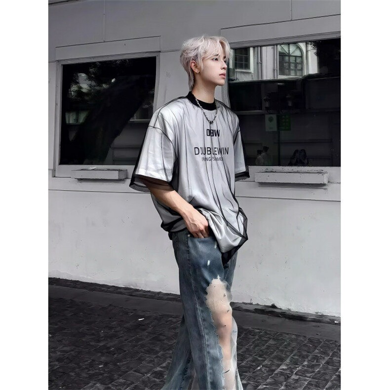 网图夏季新款潮假两件网纱圆领短袖T恤男女G1203-P35,男装T恤,电商C310-1