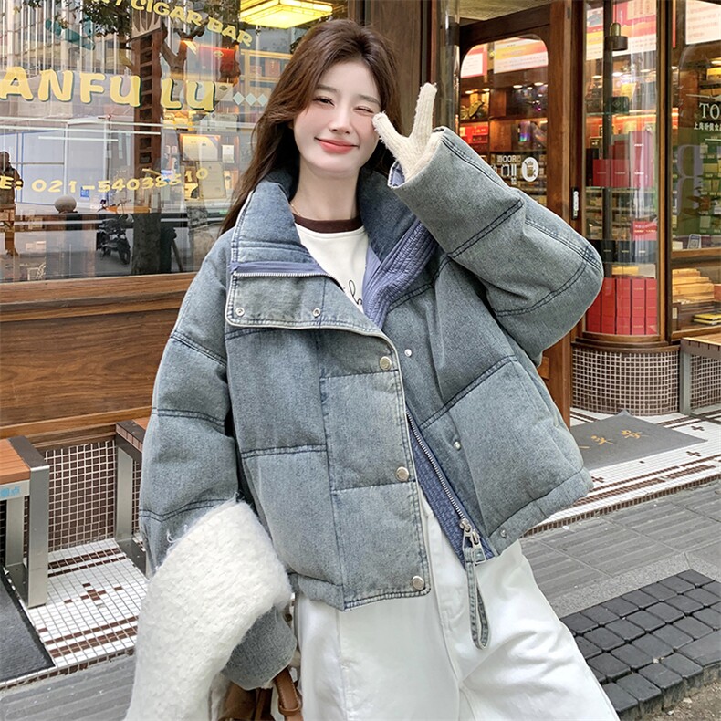 复古牛仔立领羽绒服女2025冬季新款美式学院风休闲百搭白鸭绒外套,女装羽绒服,2C170