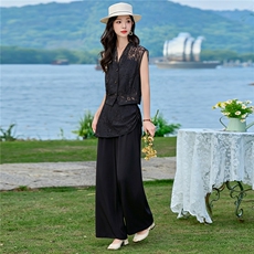（新款现货）2026夏装时尚蕾丝无袖上衣屁帘棉麻阔腿裤套装两件套，女装套装/套裙，印象茜