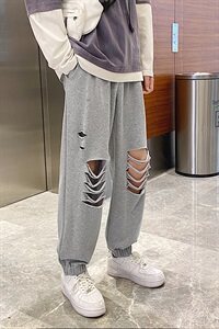 20港风秋冬破洞九分裤中性风卫裤束脚裤长裤子504-K2059-P50图片