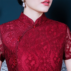 时尚新款修身显瘦中长款蕾丝品质改良旗袍婚庆晚礼服减龄连衣裙图片