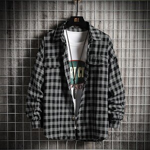 潮牌时尚男格子衬衫秋新款上市青少年时尚宽松休闲外套C60-P35图片