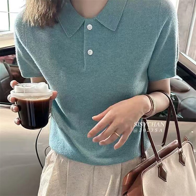 夏季新款洋气减龄女士POLO领纯色修身显瘦短袖,女装T恤,忠诺羊绒