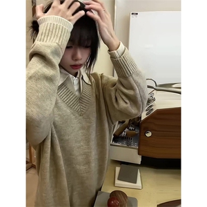 假两件毛衣男女秋季老钱风高级感情侣慵懒风针织打底衫LD711-P60图片