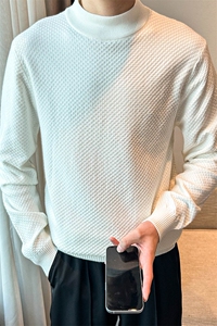 蜂窝织法半高领毛衣男针织衫打底衫上衣百搭纯白色 MY6002-P50图片