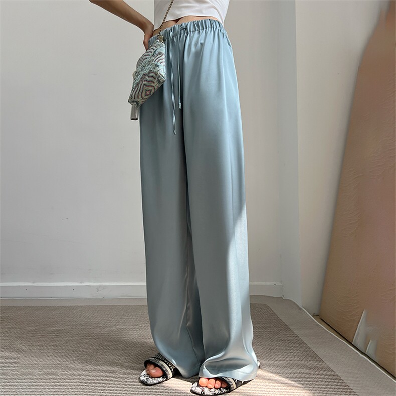 25年夏薄款醋酸缎面冰丝阔腿裤女高腰垂坠感休闲直筒裤防晒拖地裤，女装休闲裤，蒙绒特