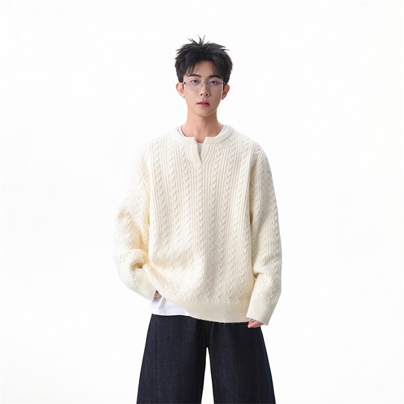 美式复古麻花毛衣男慵懒感亨利领套头针织衫218-7-MY02-P65-控98,男装针织衫/毛衣,星座218-7