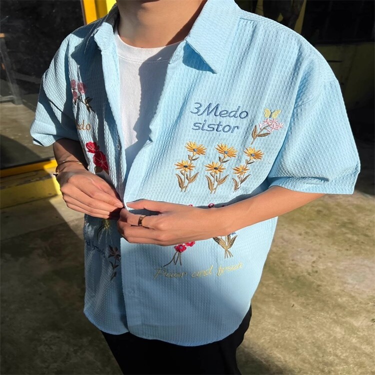 美式复古华夫格彩色花卉刺绣衬衫短袖夏季新款宽松慵懒风休闲百搭,男装衬衫,星座218-8