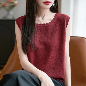 甜美配裙子短款吊带背心可外穿无袖针织衫花边镂空小香风圆领t恤图片