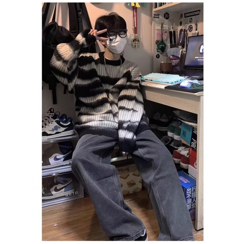 美式潮牌不规则条纹毛衣情侣秋冬复古慵懒风宽松针织衫LY2244-P60,男装针织衫/毛衣,星座1008