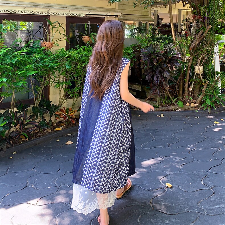 森系复古假两件碎花连衣裙女2025夏季新款宽松小个子蕾丝拼接长裙,女装连衣裙,2C029