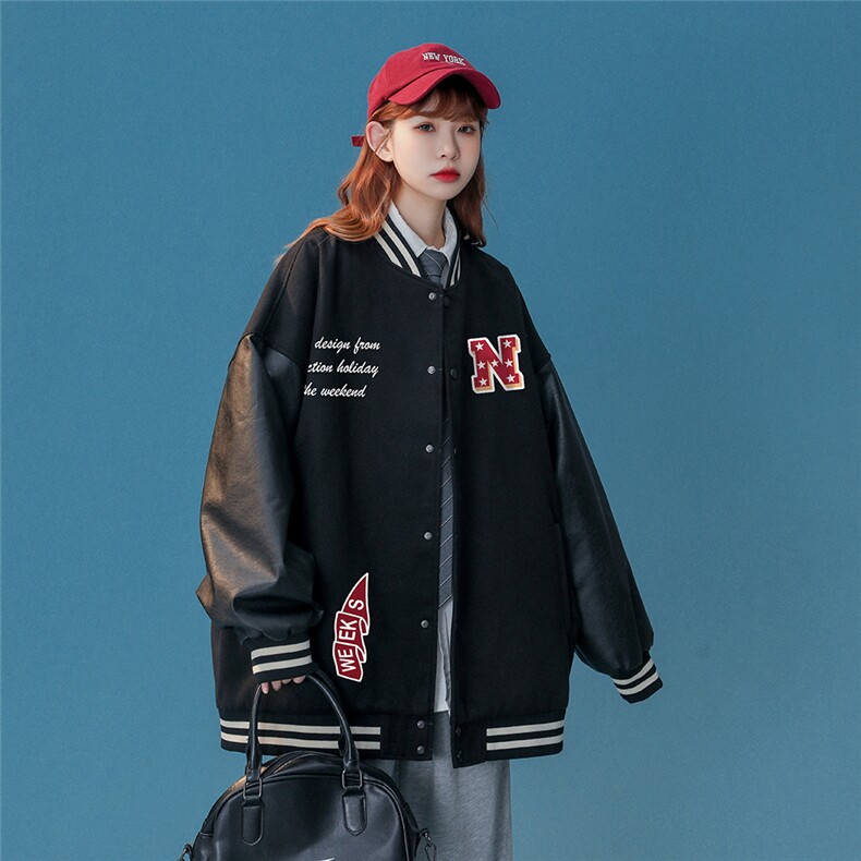 中性风23春季潮牌字母印花pu皮翻领棒球服夹克外套G642P85控108,男装夹克,A247A