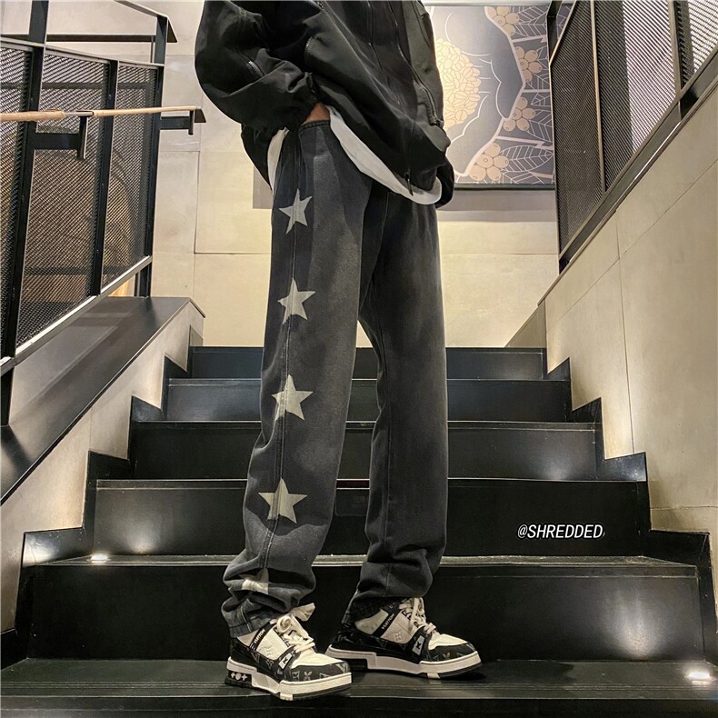 抖音品质潮星星印花秋季新款修身水洗牛仔裤B315-K23422-p55控78图片