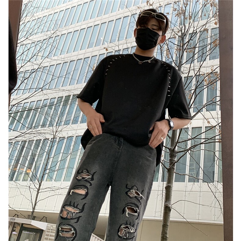 DYT02-P58男夏季宽松T恤短袖高街t恤痞帅金属铆钉上衣,男装T恤,电商B327