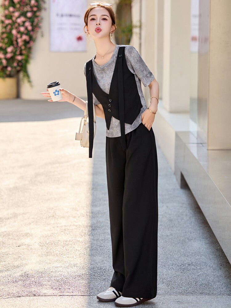 设计感假两件上衣阔腿裤套装女2025年夏季新款洋气减龄显瘦两件套,女装套装/套裙,秀美人生