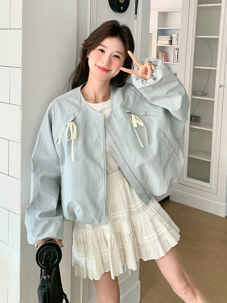 新品韩系蝴蝶结圆领夹克外套-2d075（p135-k195),女装短外套,2D075