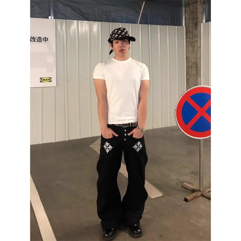 原创小众弯刀双裤脚排扣帆布百搭高级感牛仔裤,男装牛仔裤,四季星座505